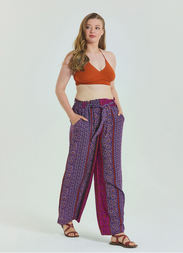 Purple Women's Plus Size Trousers with Elastic Waist Belt Detail 4618